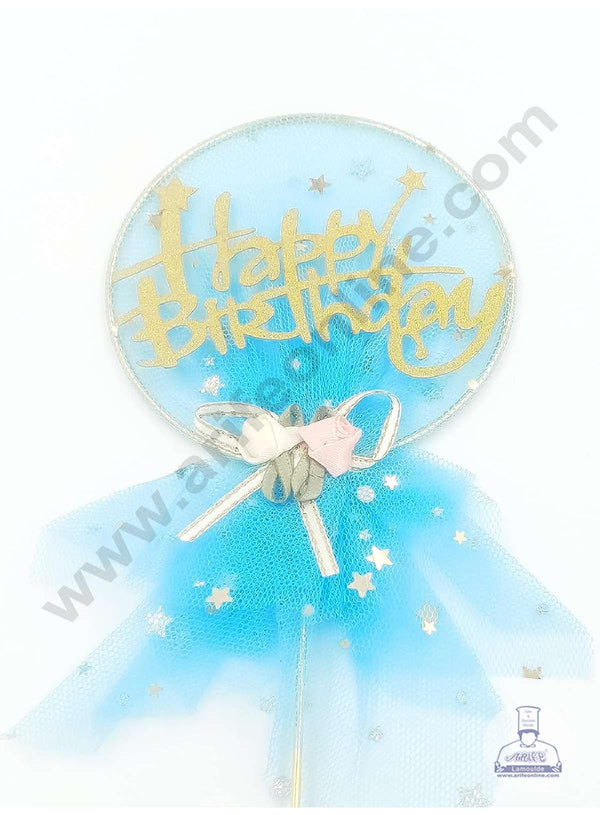 CAKE DECOR™ 5 Inch Imported Cake and Cupcake Topper - Happy Birthday Blue Mesh/Net with Flower Bow and Star (SBMT-IMP-036-BL)