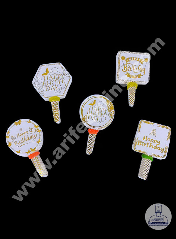 CAKE DECOR™ 100 pcs White Golden Happy Birthday Mix Designs Paper Topper For Cake And Cupcake (SBMT-PT-137)