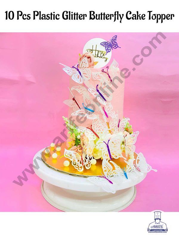 CAKE DECOR™ 10 Pcs Plastic Glitter Butterfly Topper For Cake And Cupcake (SBMT-PT-189)