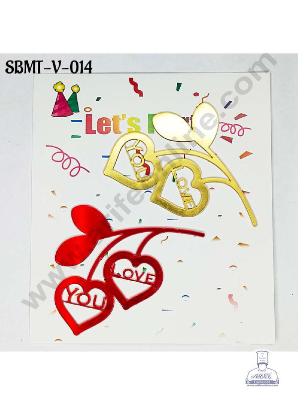 CAKE DECOR™ 3 inch Red & Gold Acrylic Heart Shape Leaf Cutout with Love Cake Topper (SBMT-V-014) - 2 pcs Pack