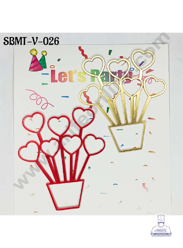 CAKE DECOR™ 3 inch Red & Gold Acrylic Heart Shape Flower Pot Cake Topper (SBMT-V-026) - 2 pcs Pack