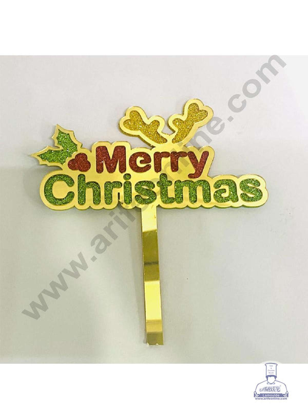 CAKE DECOR™ 5 inch Acrylic Glitter Merry Christmas with Reindeer Horns & Leaf Cake Topper Cake Decoration (SBMT-G-6059)