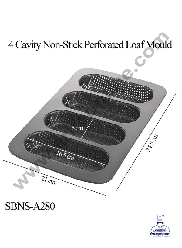 CAKE DECOR™ Non Stick Aluminium 4 Cavity Perforated Loaf Mould (SBNS-A280)