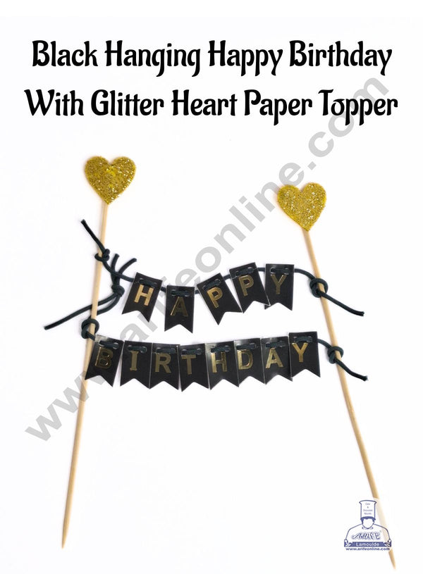 Black Hanging Happy Birthday With Glitter Heart Paper Topper For Cake( 1pc ) CAKE DECOR™