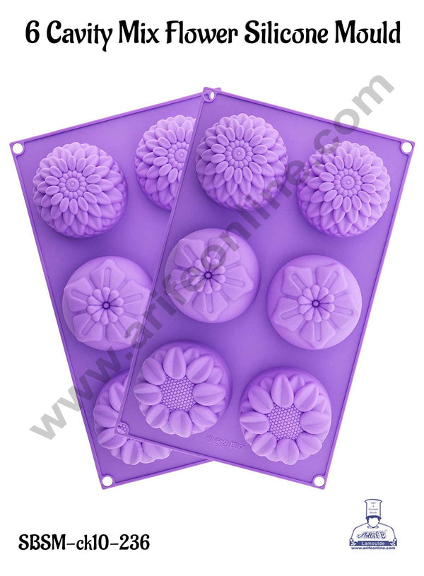CAKE DECOR™ 6 Cavity Mix Flower Shape Silicone Mould | Jelly & Soap Mould | Baking Mould - SBSM-ck10-236
