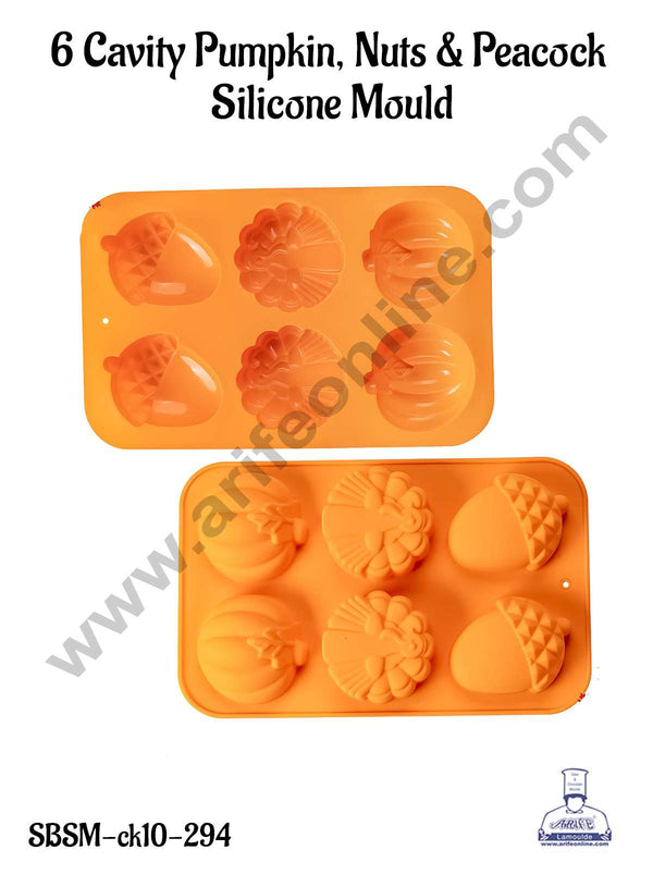 CAKE DECOR™ 6 Cavity Pumpkin, Nuts & Peacock Shape Silicone Mould | Jelly & Soap Mould | Baking Mould - SBSM-ck10-294