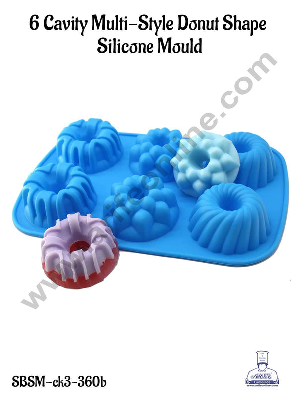 CAKE DECOR™ 6 Cavity Multi-Style Donut Shape Silicone Mould | Jelly & Soap Mould | Baking Mould - SBSM-ck3-360b