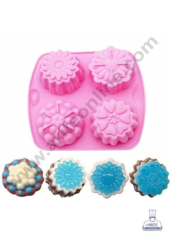CAKE DECOR™ 4 Cavity Different Flower Silicon Moulds for Soaps and Chocolate Jelly Dessert Moulds