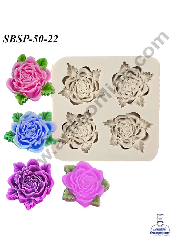 CAKE DECOR™ 4 Cavity Rose Flower Shape Silicone Fondant Mould for Cake Decorations (SBSP-50-22)
