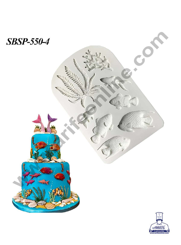 CAKE DECOR™ 8 Cavity Mix Fish & Seaweed Sea Theme Silicone Fondant mould | Cake Decoration - (SBSP-550-4)