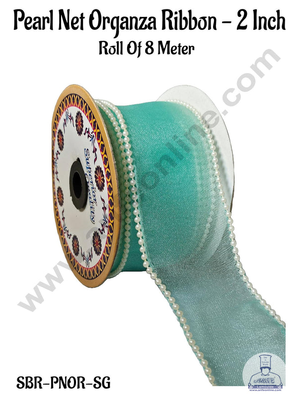 CAKE DECOR™ Pearl Net Organza Sea Green Ribbon -2 Inch (8 Meter) | Sheer Ribbon | Gift Wrapping | Decoration