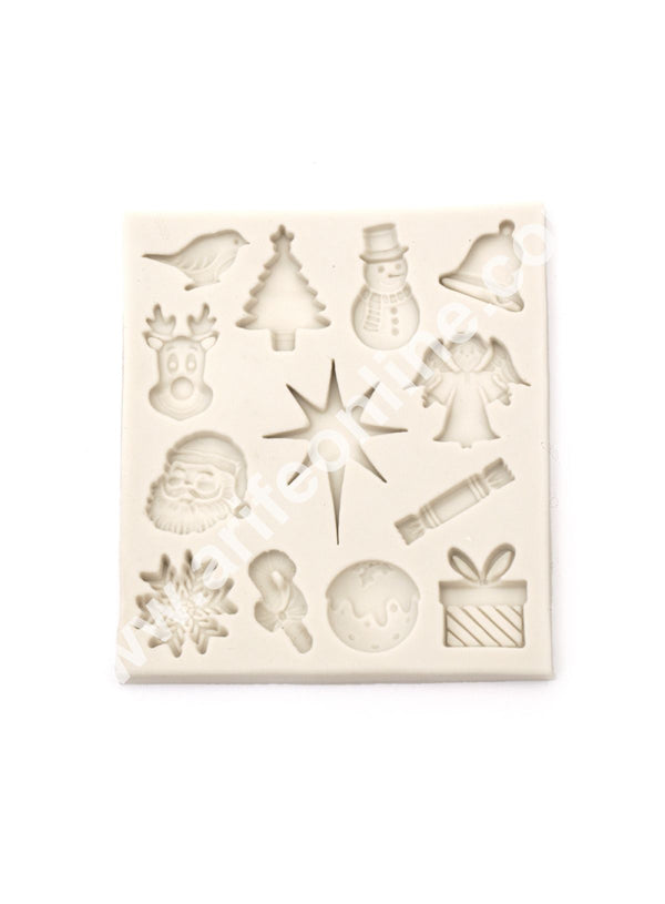 CAKE DECOR™ 13 Cavity Christmas Theme Silicone Mould | Tree, Bird,Snowman Shape,Reindeer,Gift, Santa Shapes Silicone Fondant Mould