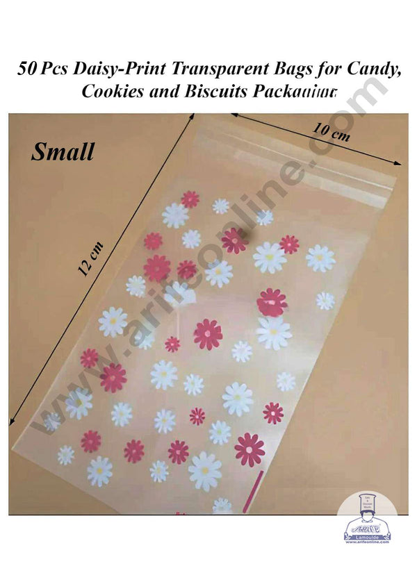 CAKE DECOR™ 50 Pcs Daisy-Print Transparent Cookie Bags Cookie Pouch for Candy,Cookies and Biscuits Packaging | Self Adhesive