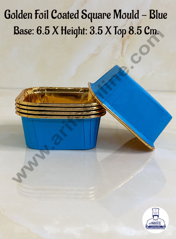 Cake Decor™ Golden Foil Coated Square Direct Bake-able Paper Mould - Blue (50 Pcs)