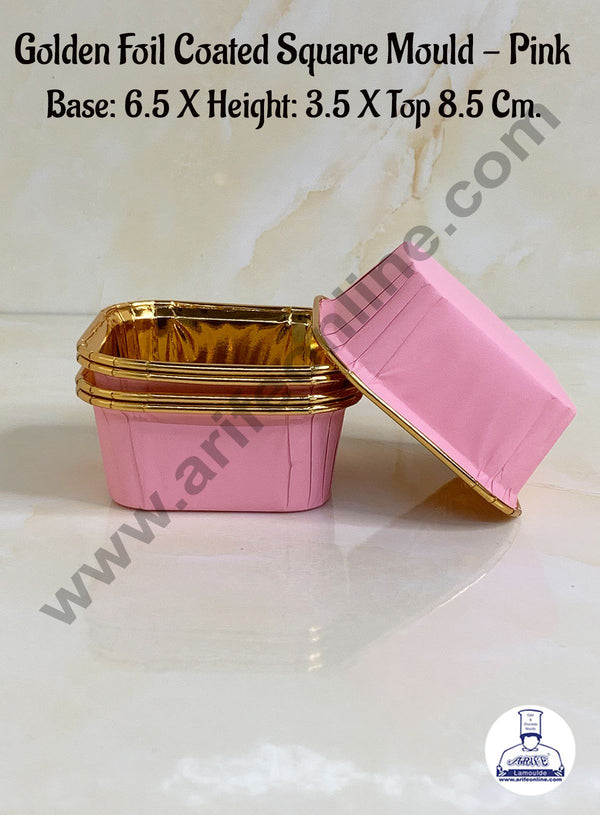 Cake Decor™ Golden Foil Coated Square Direct Bake-able Paper Mould - Pink (50 Pcs)