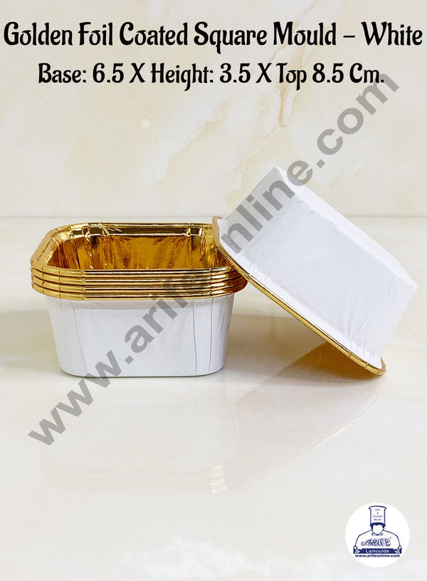 Cake Decor™ Golden Foil Coated Square Direct Bake-able Paper Mould - White (50 Pcs)