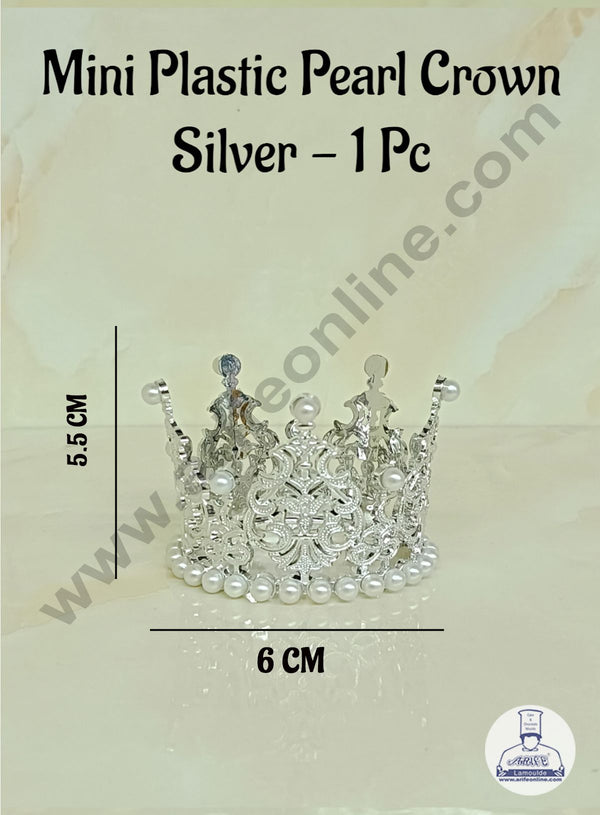 CAKE DECOR™ Mini Plastic Pearl Crown Topper For Bento Cake And Cupcake Decorations - Silver