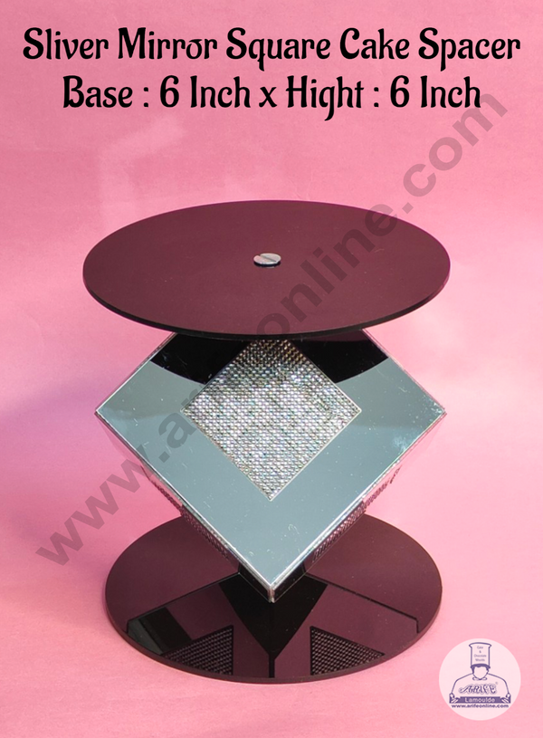 CAKE DECOR™ Silver Mirror Square Cake Spacer with Diamond Design For Cake Decoration - Base 6 inch X Height 6 inch