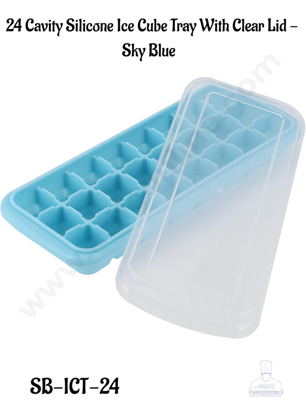 CAKE DECOR™ Sky Blue Silicone  Ice Cube Tray With Clear Lid- 24 Cavity │ 1 Piece │(SB-ICT-24) │ (Mould Size: 9.5 x 3.5 Inch)(Ice Cube Size: 1 Inch)│