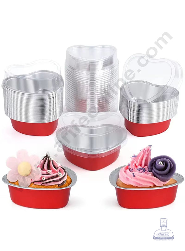 CAKE DECOR™ Heart Shape Aluminium Tin Foil Bake & Serve Cup with Lid | Aluminium Containers | Non-Stick Foil Baking Cups - Red - 5 Pcs Pack