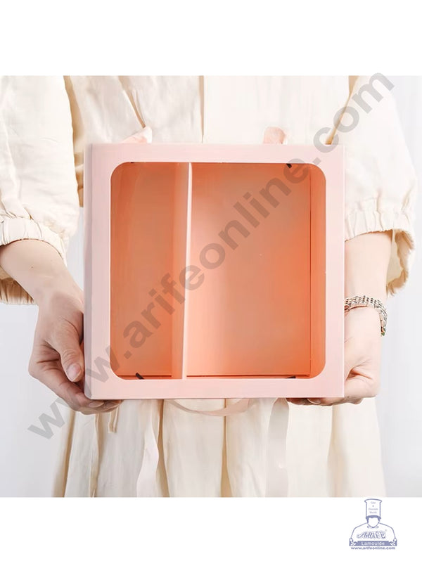 Square Peach Sliding Hamper Box With Partition & Ribbons For Handle 1 Pcs Pack - CAKE DECOR™