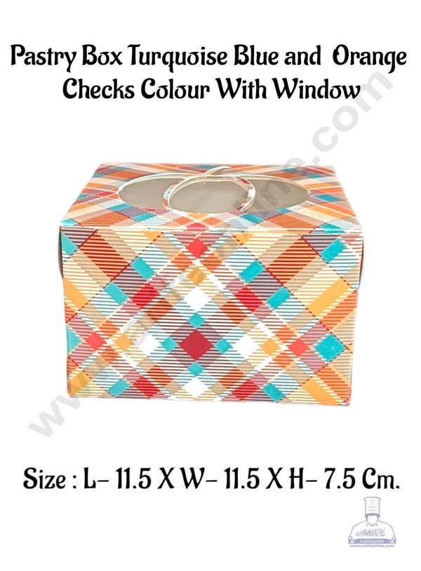 CAKE DECOR™ Pastry Box Turquoise Blue And Orange Checks  Colour With Window (Pack of 10 Pcs)