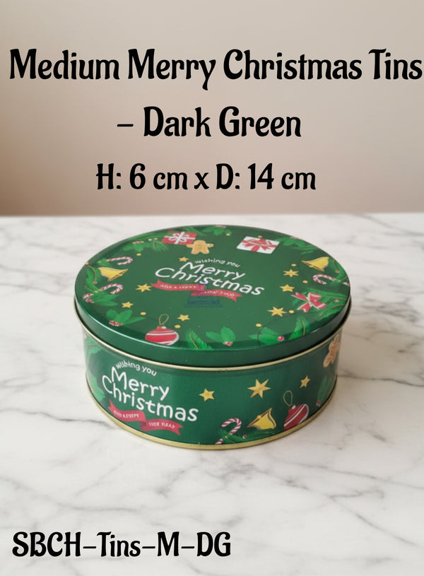 Cake Decor ™ Medium Merry Christmas Tins - Dark Green | Round Storage Containers Tins | 1 Pc Pack