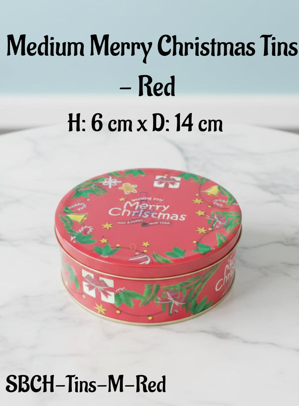 Cake Decor ™ Medium Merry Christmas Tins - Red | Round Storage Containers Tins | 1 Pc Pack