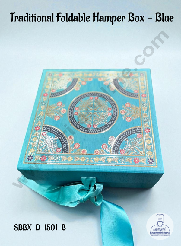 Blue Traditional Foldable Hard Hamper Box With Ribbon | Gift Box | Present Box - 1 Pc - CAKE DECOR™