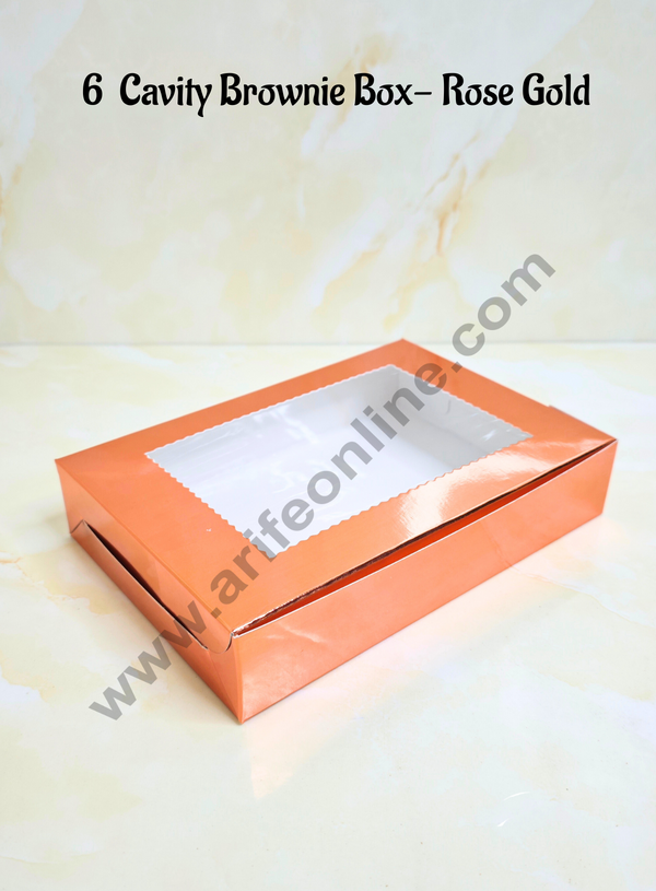 Cake Decor Rose Gold Brownie Boxes 6 Cavity with Clear Window, Brownie Carriers ( 10 Pcs Pack )