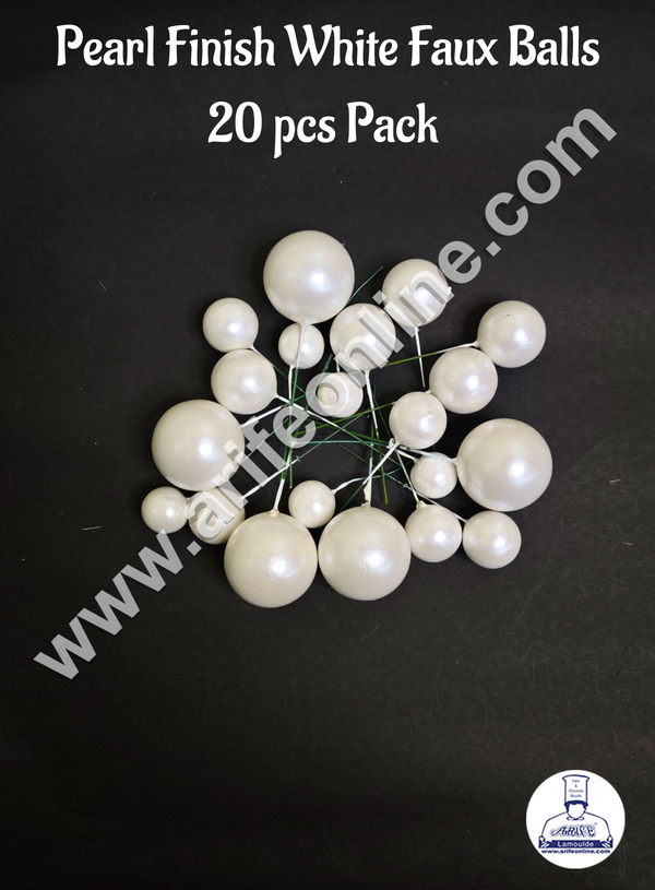 CAKE DECOR™ Pearl Finish White Faux Balls Topper For Cake and Cupcake Decoration - (20 Pcs Pack)