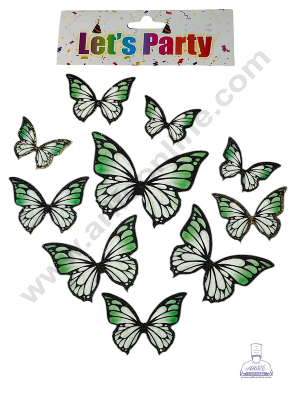 CAKE DECOR™ 10 Pcs Let's Party Green Shade With Black Outlines Glitter Butterfly Paper Topper For Cake And Cupcake