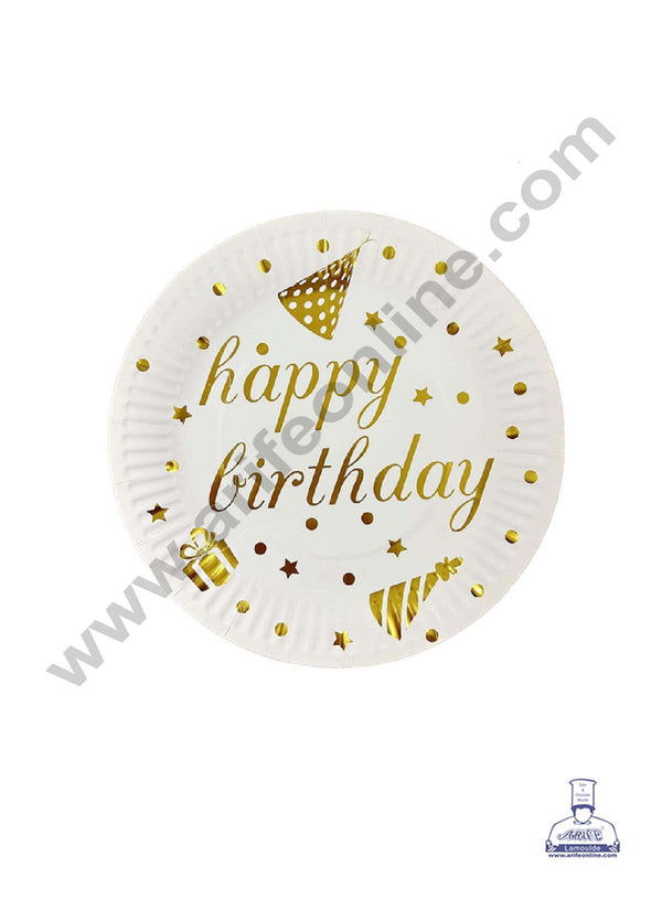 CAKE DECOR™ 7 inch White Happy Birthday with Party Theme Paper Plates | Disposable Plates | Birthday | Party | Occasions | Round Plates - Pack of 10