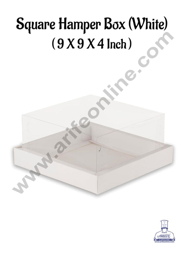 CAKE DECOR™ Square Hamper Box In White Colour With Transparent Lid | Gift Box | Present Box - (1 Pcs)