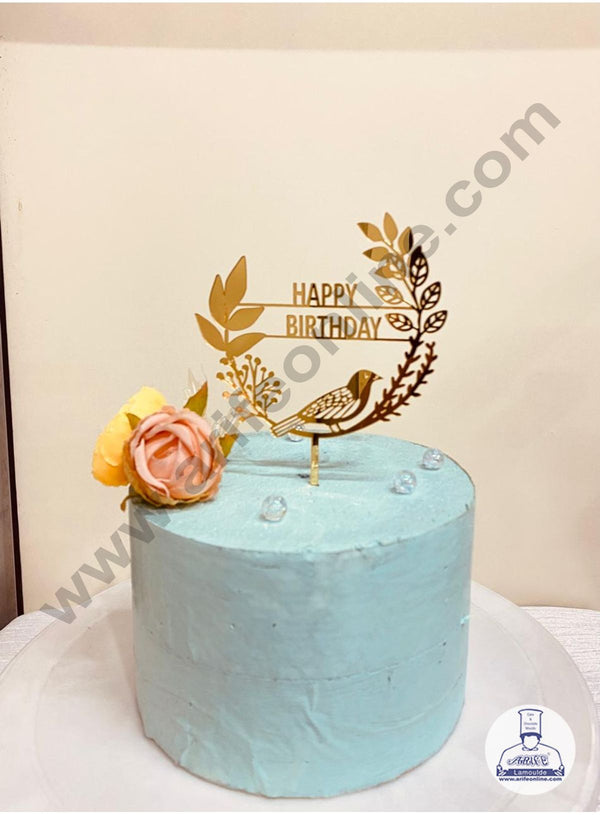 CAKE DECOR™5 inch Acrylic Happy Birthday with Sparrow and Leaf Cutout Cake Topper And Dessert Decoration (SBMT-1204)