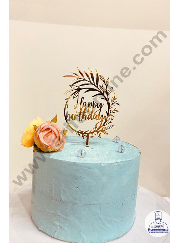 CAKE DECOR™ 5 inch Acrylic Happy Birthday with Leaf Cutout in Round Frame Cake Topper And Dessert Decoration (SBMT-1207)