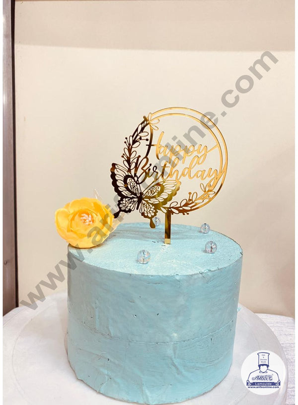 CAKE DECOR™5 inch Acrylic Happy Birthday with Butterfly and Leaf Cutout in Round Frame Cake Topper And Dessert Decoration(SBMT-1203)