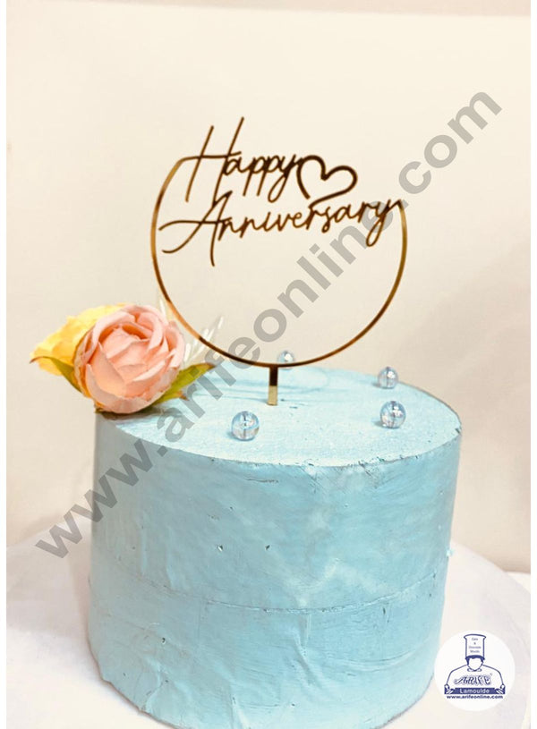 CAKE DECOR™ 5 inch Mirror Finishing Acrylic Cake Topper Happy Anniversary Half Round With Heart (SBMT-1202)