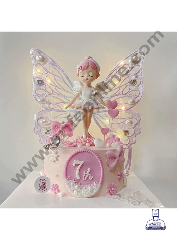 CAKE DECOR™ Elegant Ceramic Fairy Doll Cake Topper with Embroidered Butterfly Wings - Pink Purple