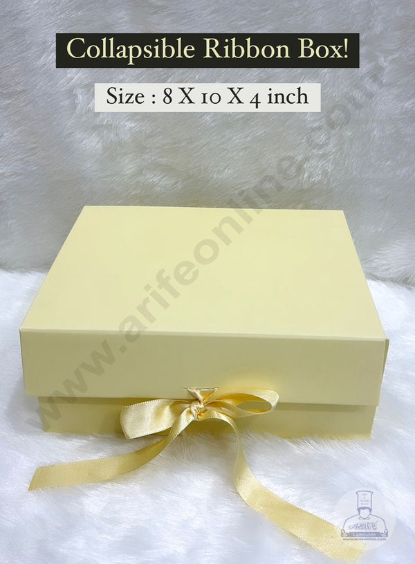 CAKE DECOR™  Light Yellow Color Folding Hard Hamper Box with ribbon | 8X10X4 Inch | Gift Box | Present Box - 1 Pc |  (SBBX-HFFB-D23)