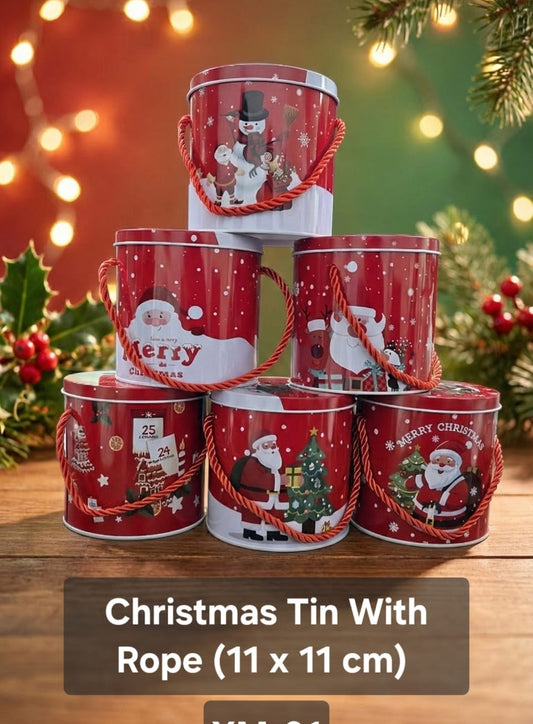 Merry Christmas Tins ( Assorted ) 1 Pc| Round Storage Containers Tins | Tin Holders Box with Rope & Lids