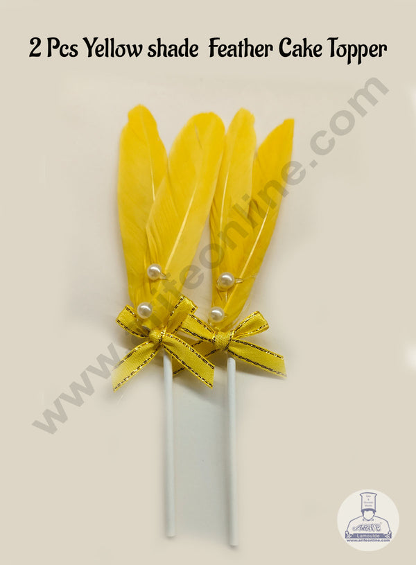 CAKE DECOR™ 2 Pcs Yellow Shade Feather Topper For Cake Decoration