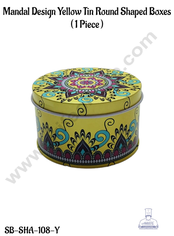 CAKE DECOR™ Mandal Design Yellow Tin Round Shaped Boxes  - 1 Piece  | Gift Box | Chocolate Box | Jewellery Box