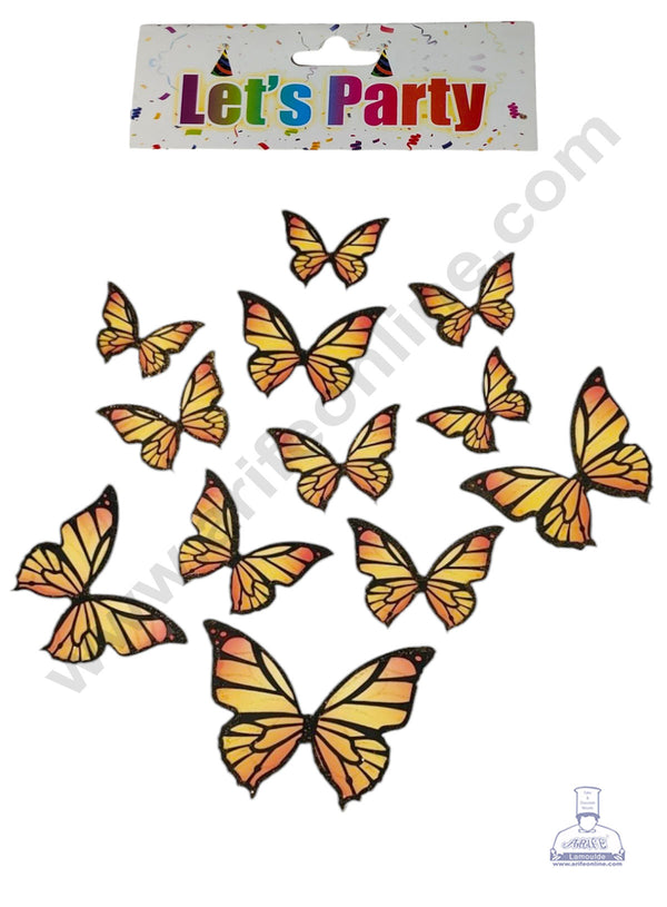 CAKE DECOR™ 10 Pcs Let's Party Yellow Orange Shade With Black Outlines Glitter Butterfly Paper Topper For Cake And Cupcake