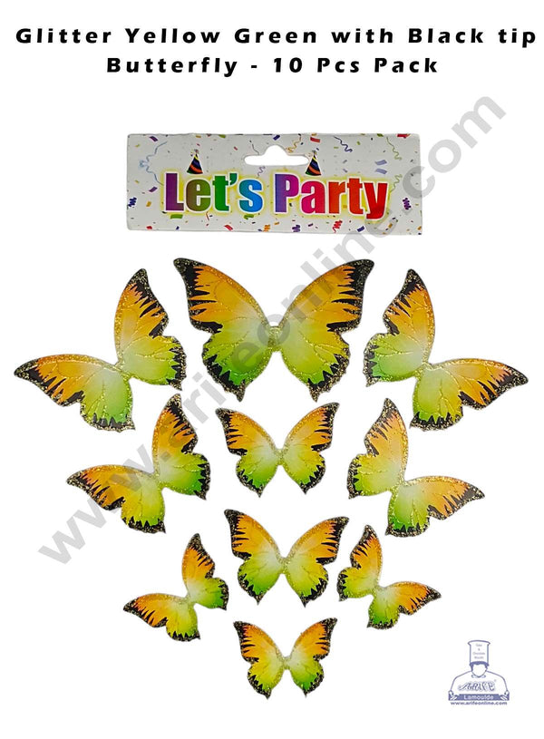 CAKE DECOR™ 10 pcs Let's Party Glitter Yellow Green with Black Tips Butterfly Paper Topper For Cake And Cupcake