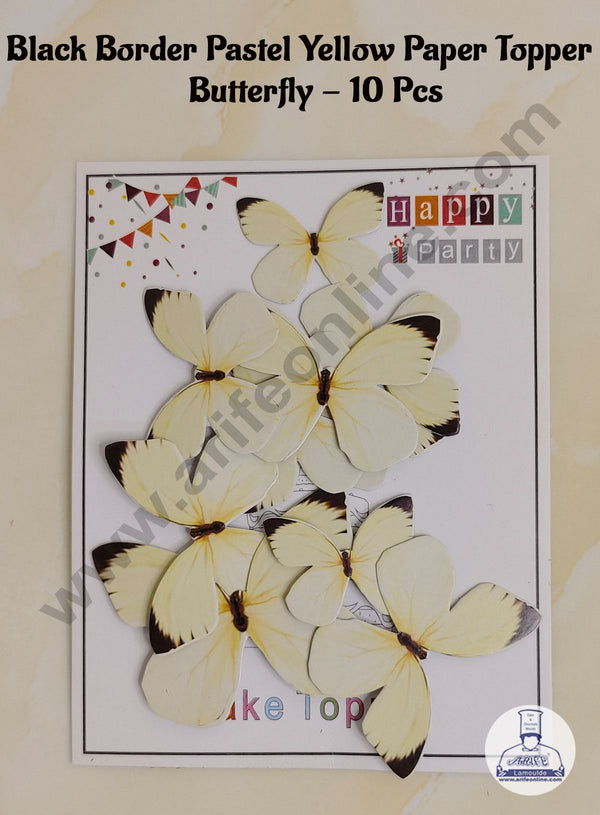 CAKE DECOR™ 10 Pcs Black Border Pastel Yellow Colour Butterfly Paper Topper For Cake And Cupcake Decoration