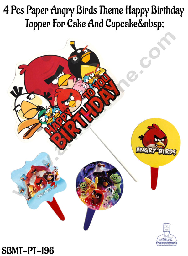 CAKE DECOR™ 4 Pcs Paper Angry Birds Theme Happy Birthday Topper For Cake And Cupcake