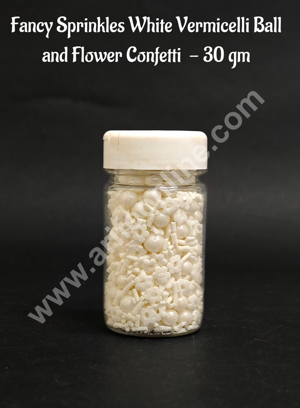 Cake Decor Sugar Candy - Fancy Sprinkles White off White Vermicelli Ball and Flower Confetti - 30gm