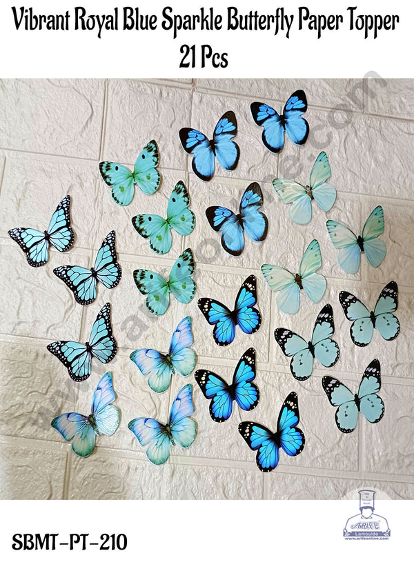 CAKE DECOR™ 21 Pcs Vibrant Royal Blue Sparkle Butterfly Paper Topper For Cake And Cupcake