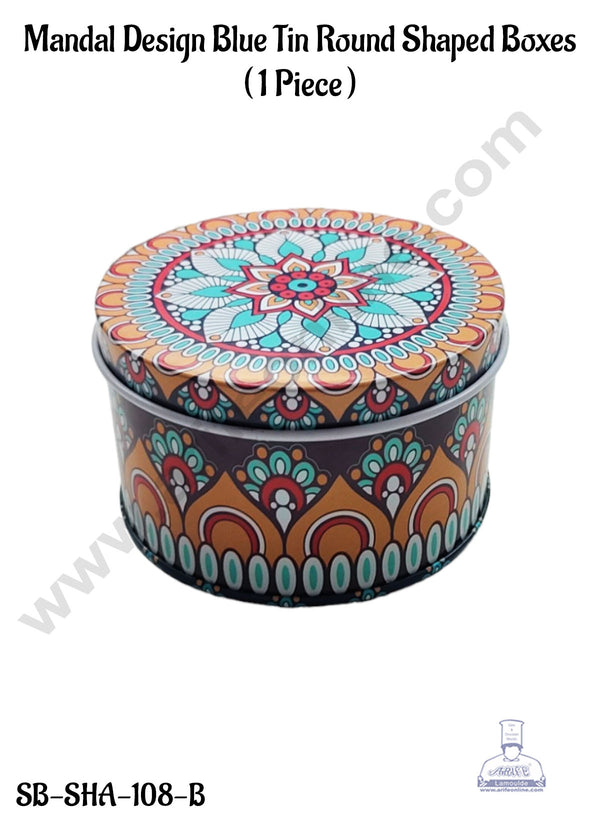 CAKE DECOR™ Mandal Design Blue Tin Round Shaped Boxes  - 1 Piece  | Gift Box | Chocolate Box | Jewellery Box